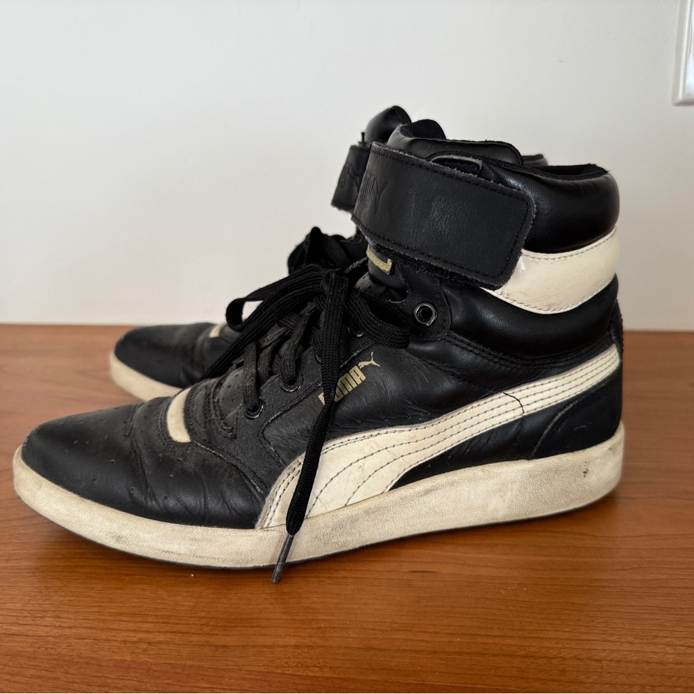 Puma Women’s Black and Cream High-Top Sneakers with Pointy Toe size 7.5